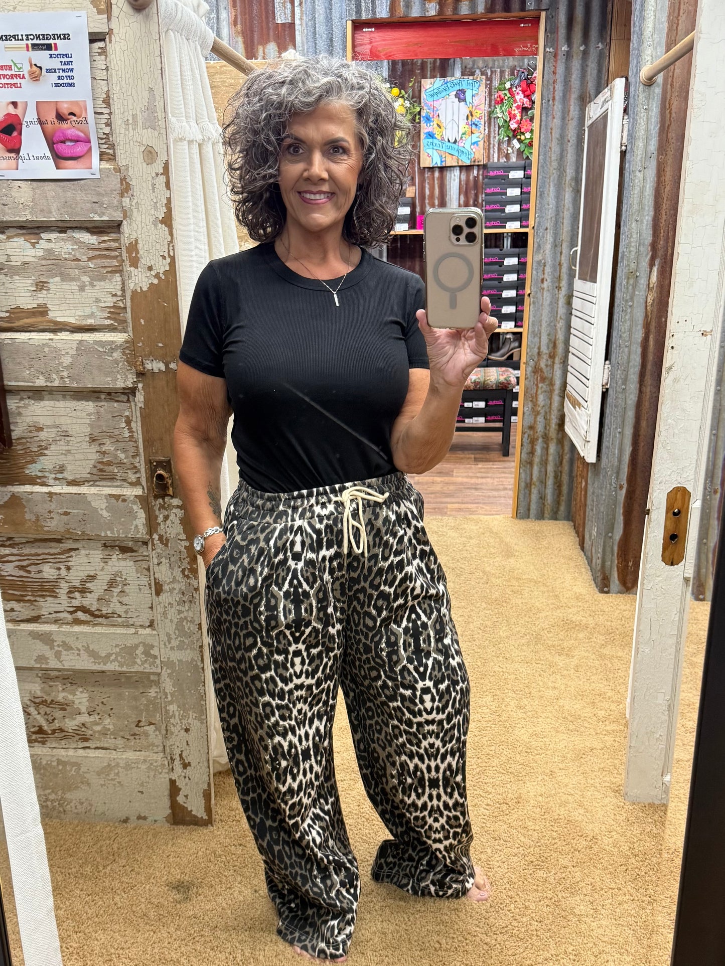 WAIST STRING LEOPARD PRINTED STRAIGHT LONG  PANTS