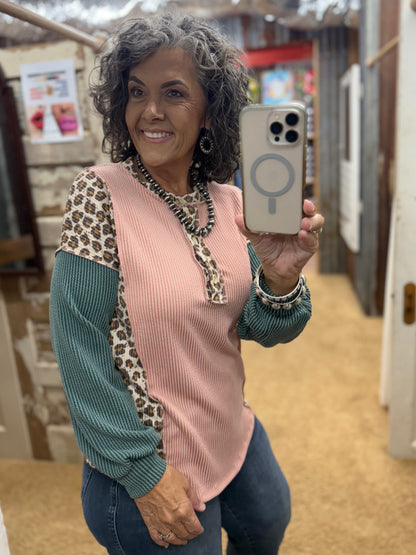 Stand By Me Animal Print Rose/Moss Rib Top