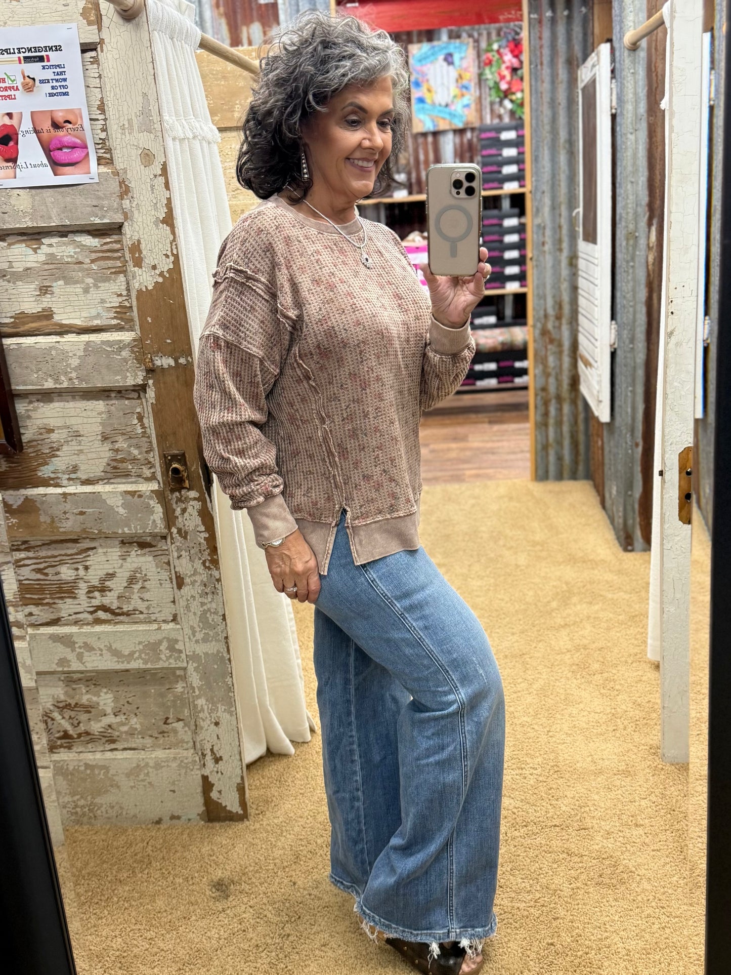 FLORAL PRINTED THERMAL MINERAL WASHED PULLOVER