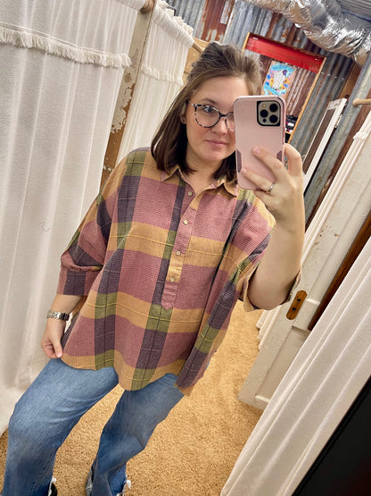 PLAID PATTERNED BUTTON DOWN OVERSIZED SHIRT