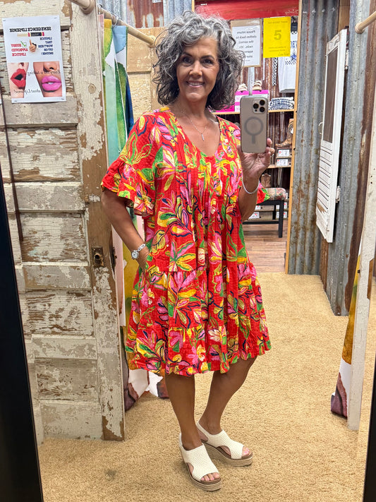 HOT CORAL SLUB DRESS