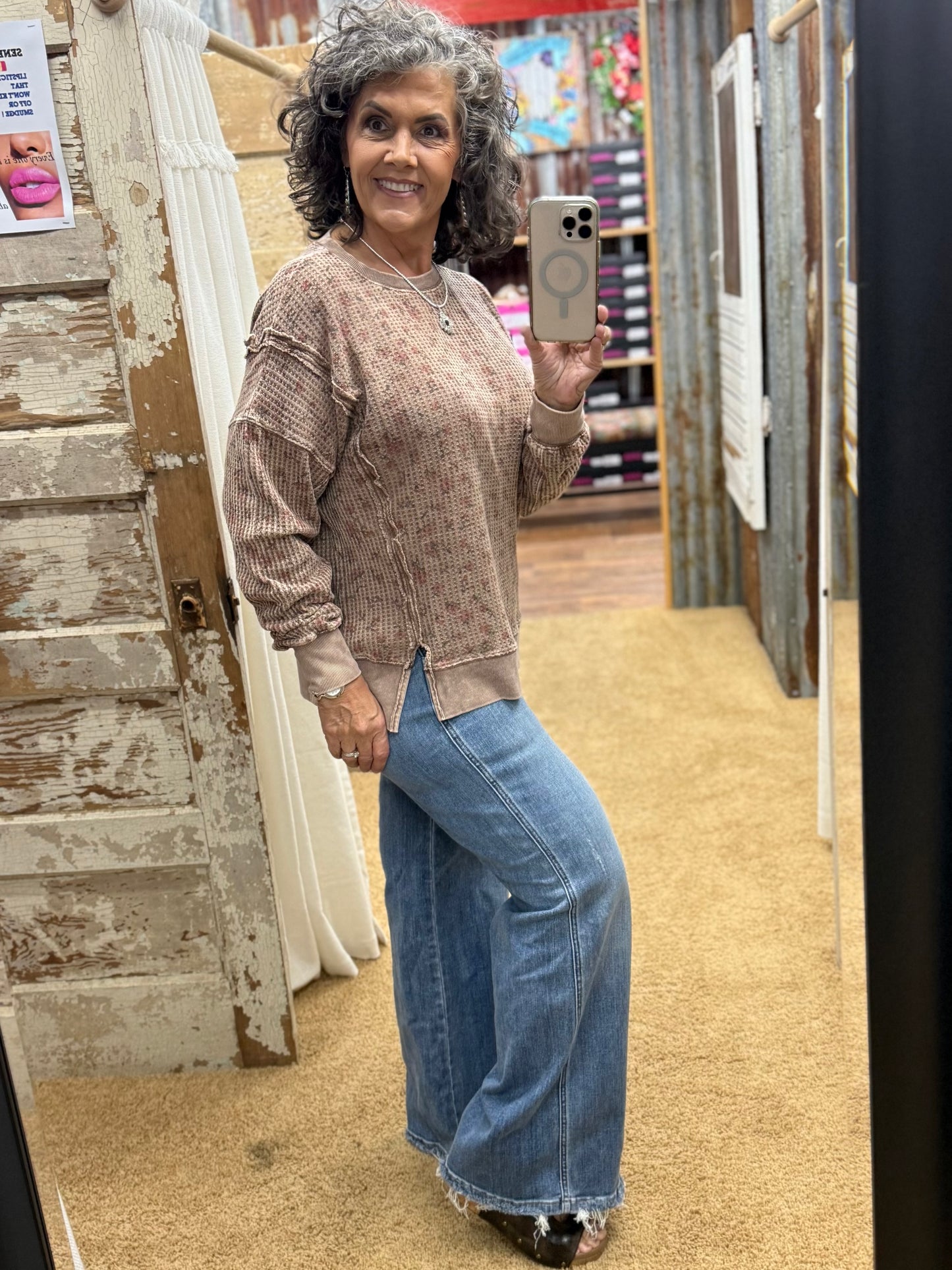 FLORAL PRINTED THERMAL MINERAL WASHED PULLOVER