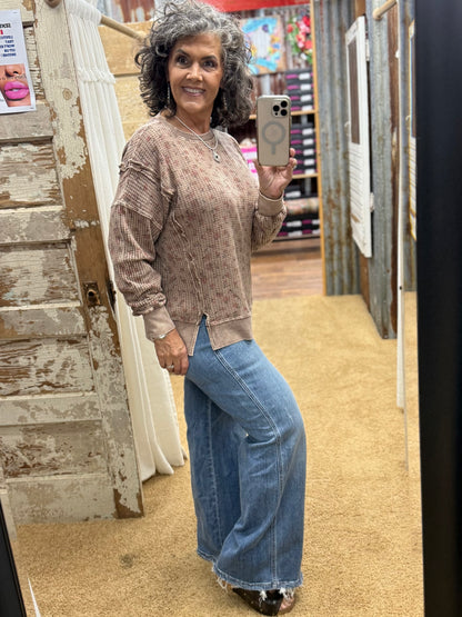 FLORAL PRINTED THERMAL MINERAL WASHED PULLOVER