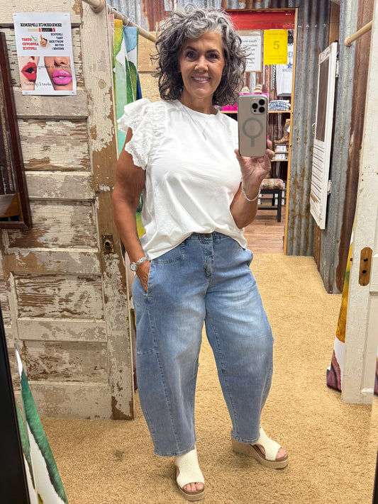 WHITE EYELET COTTON KNIT TOP