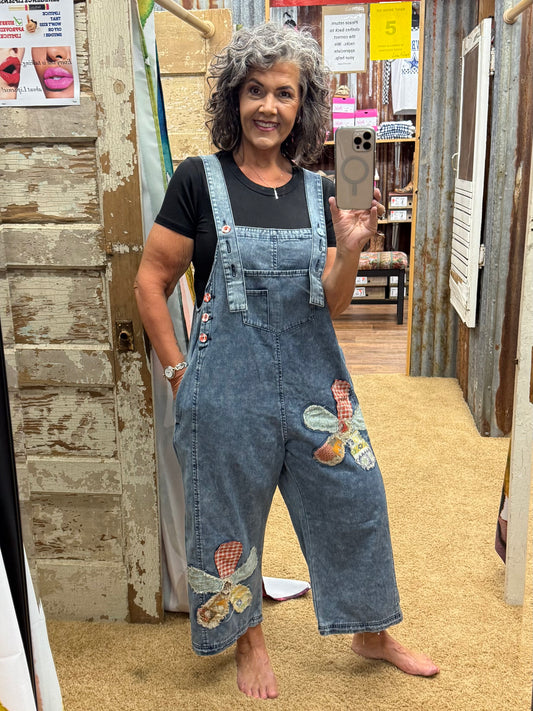 Restock* FLOWER PATCH WASHED DENIM OVERALLS