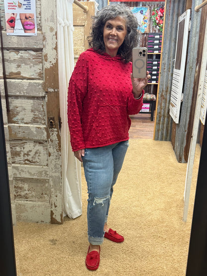 Red Oversized Popcorn Knit Textured Hoodie Pullover