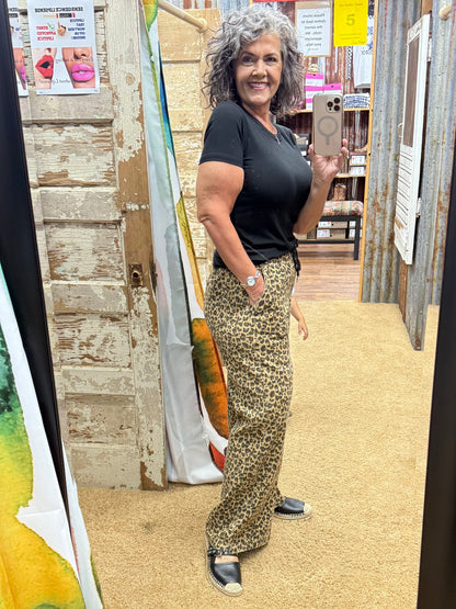 WIDE LEG LEOPARD TWILL PANTS WITH DRAWSTRING