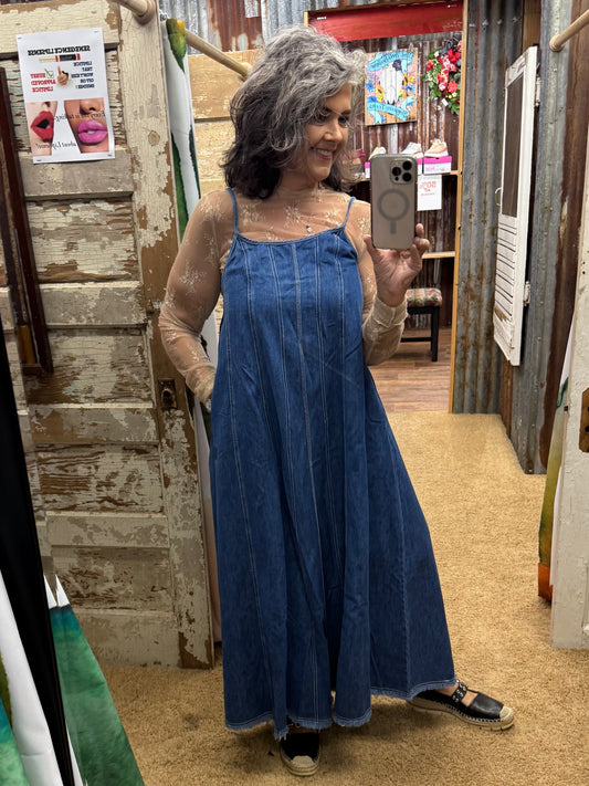 A-Line Back Tie Denim Maxi Dress