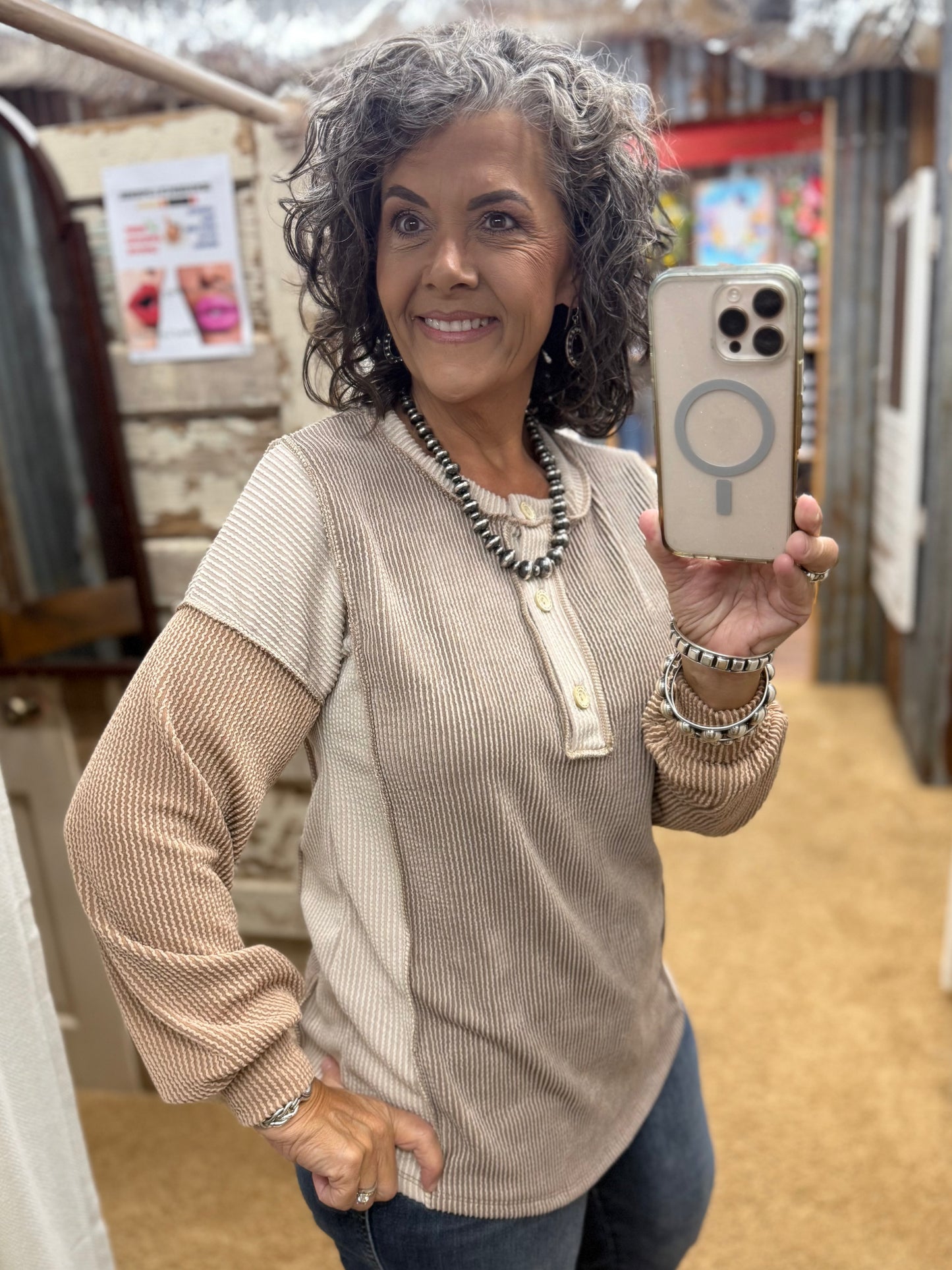 Long Sleeve Ribbed Chocolate/Taupe/Peanut Top