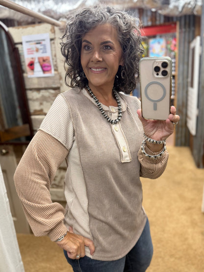 Long Sleeve Ribbed Chocolate/Taupe/Peanut Top