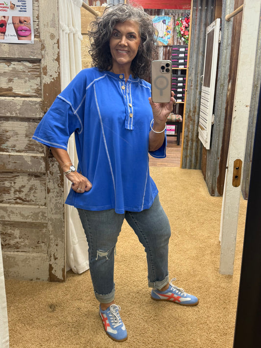 Relaxed Blue Game Day Button Henley Tee