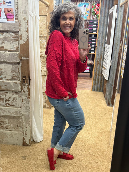 Red Oversized Popcorn Knit Textured Hoodie Pullover