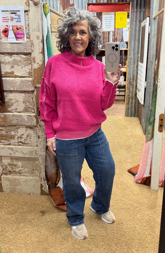 Neon Hot Pink Oversized Mock Neck Chenille Sweater