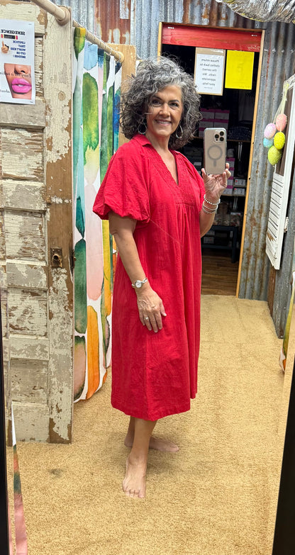 Red Smocked Front Yoke Midi Dress