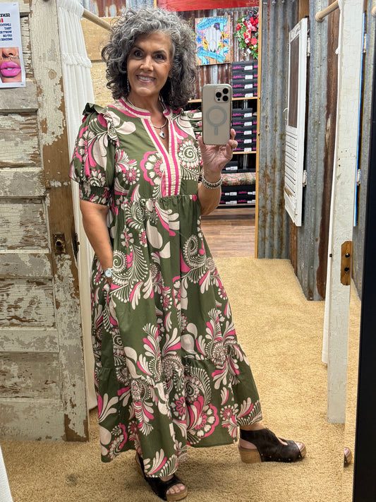 Olive Paisley Midi Dress