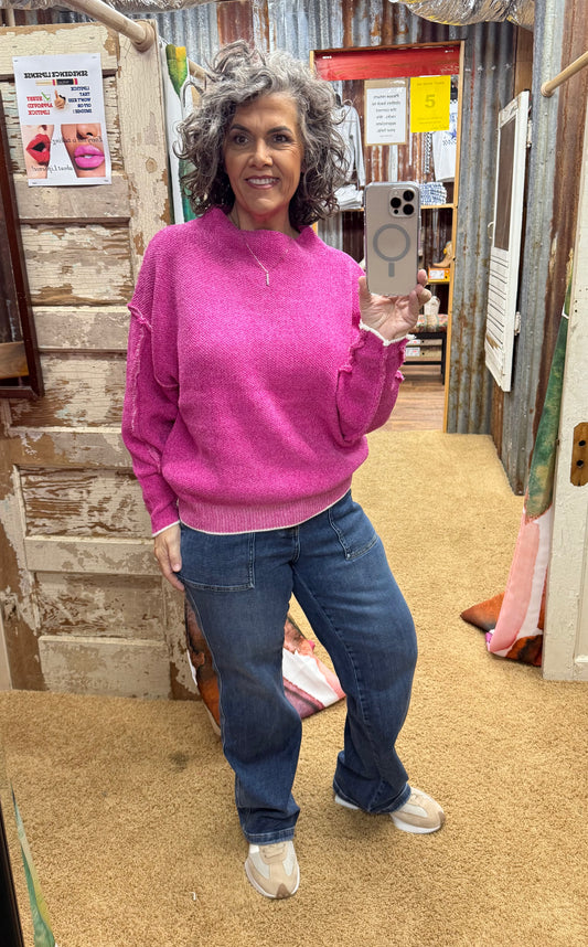 Hot Pink Oversized Mock Neck Chenille Sweater