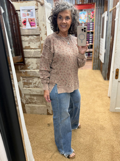 FLORAL PRINTED THERMAL MINERAL WASHED PULLOVER