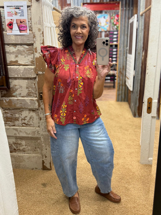 Brick Botanical Blouse by Entro
