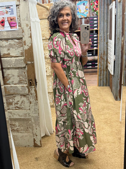 Olive Paisley Midi Dress