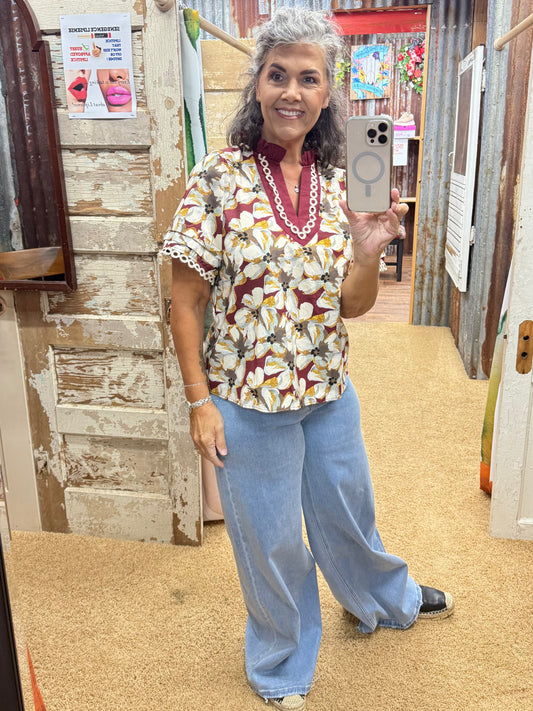 Wine Floral Print Entro Blouse