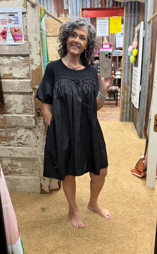 Poplin & Knit Jersey Babydoll Mini Dress