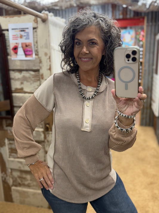 Long Sleeve Ribbed Chocolate/Taupe/Peanut Top