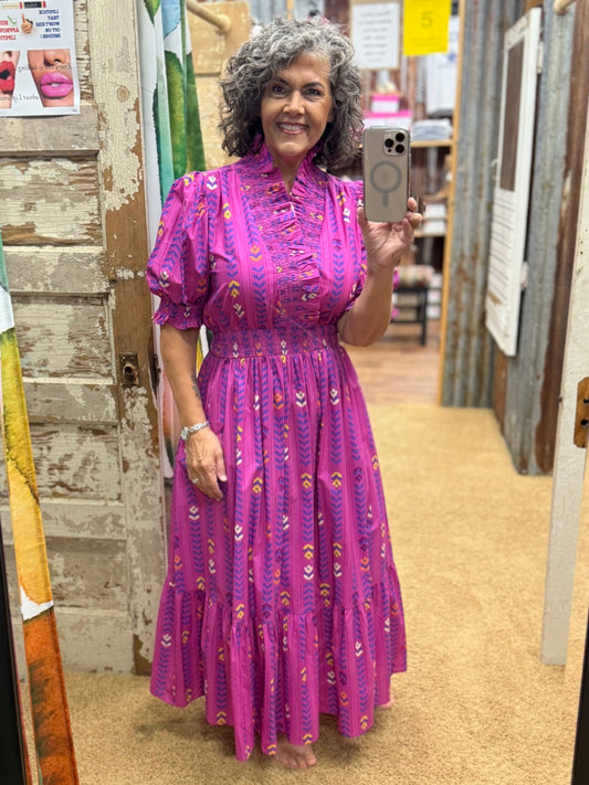 Vibrant Magenta Ruffle Smocked Midi Dress