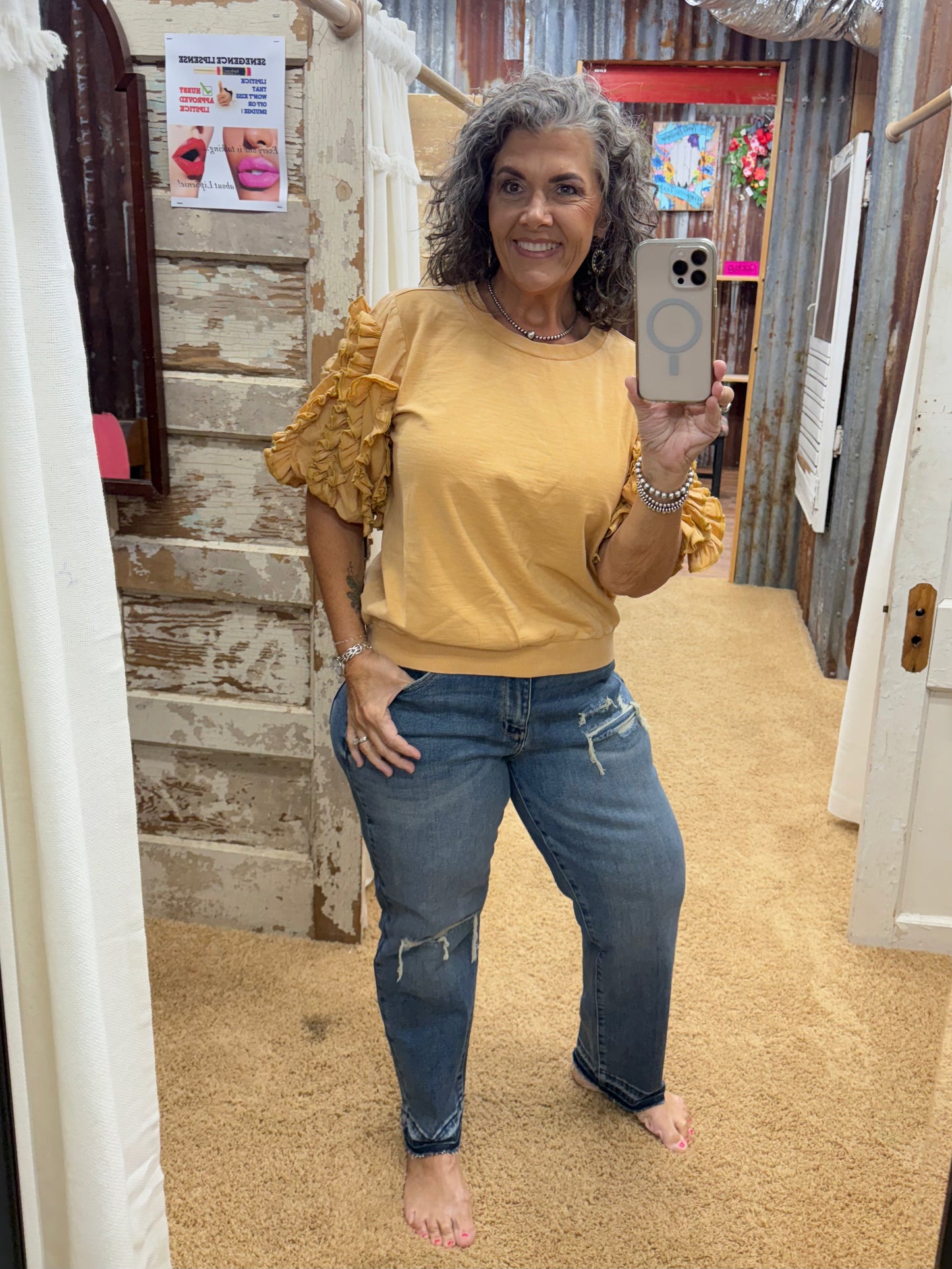 Honey Latte Ruffled Mineral Wash Top