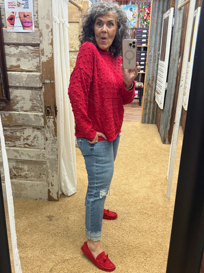 Red Oversized Popcorn Knit Textured Hoodie Pullover