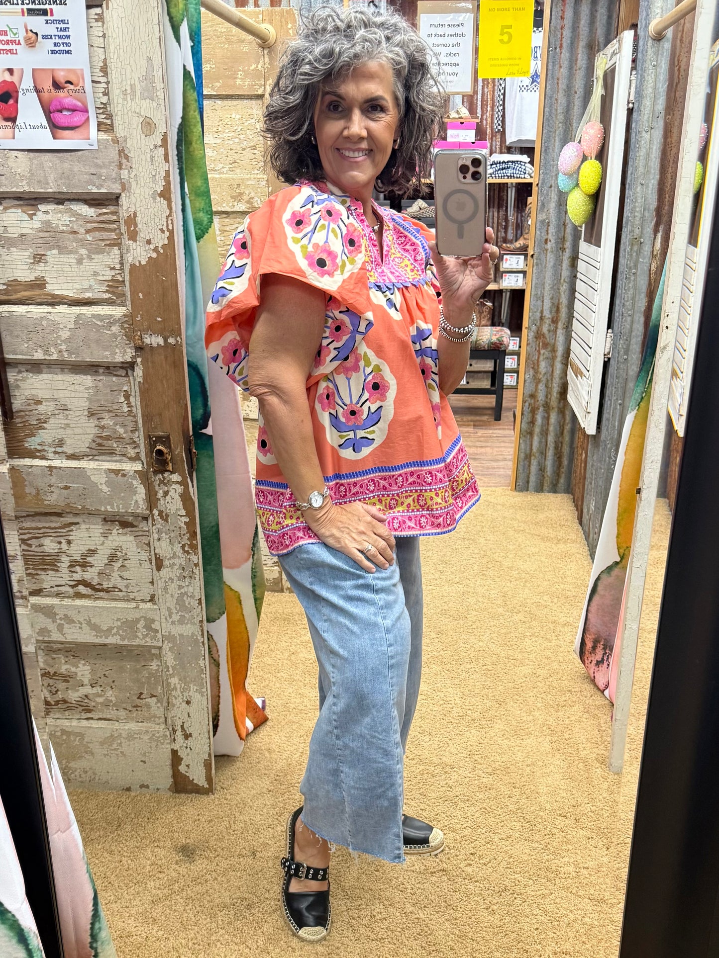 Coral Floral Border Blouse