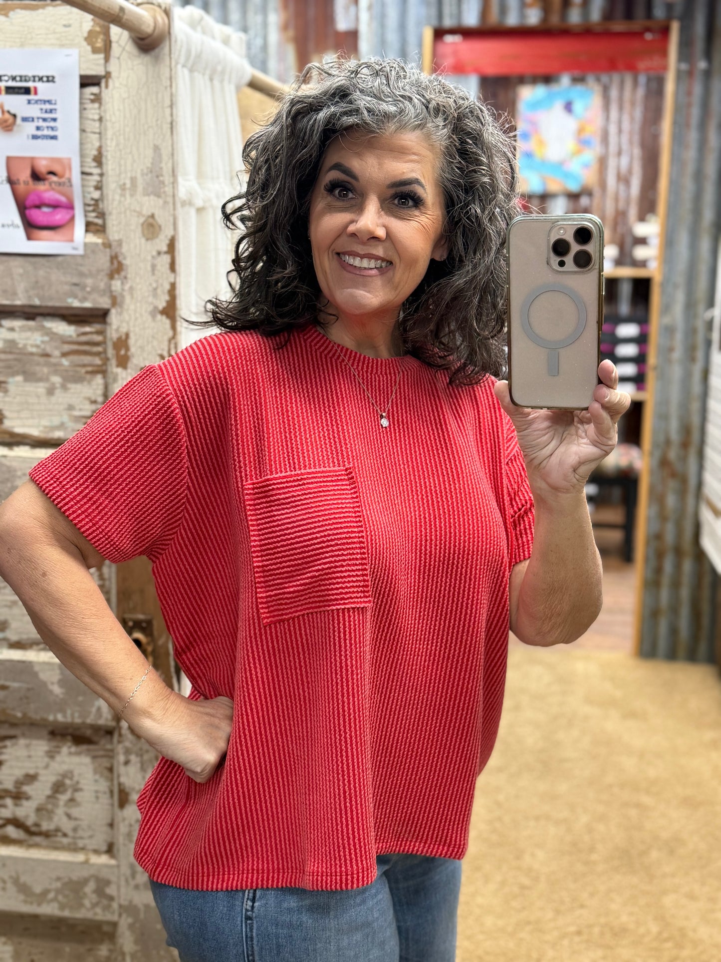 Ruby Red Urban Ribbed Short Sleeve Top