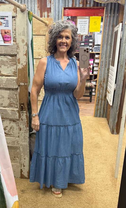 Chambray Sleeveless Tiered Dress