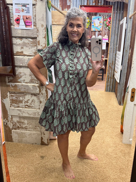 Brown Botanical Print Dress