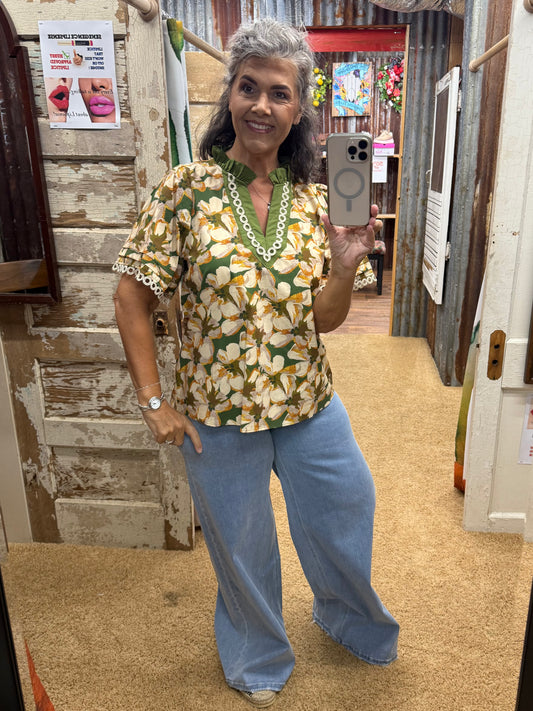 Olive Floral Print Entro Blouse