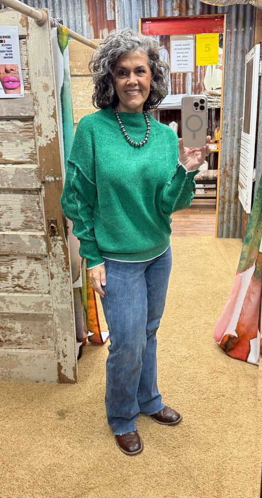 Green Oversized Mock Neck Chenille Sweater