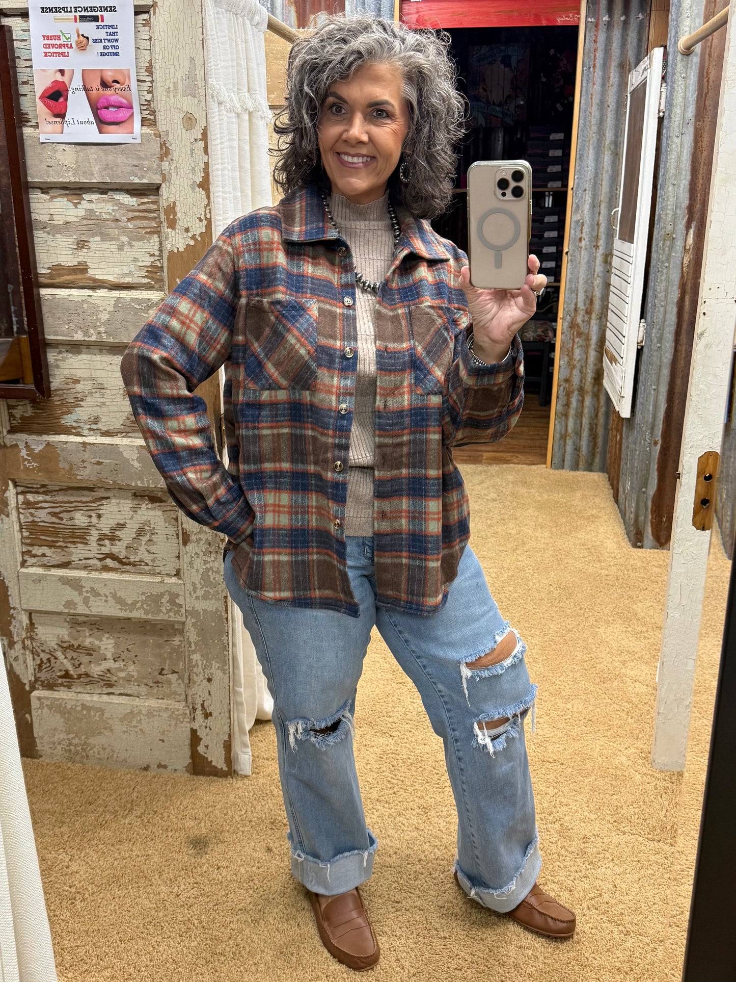Brown & Navy Plaid Shacket