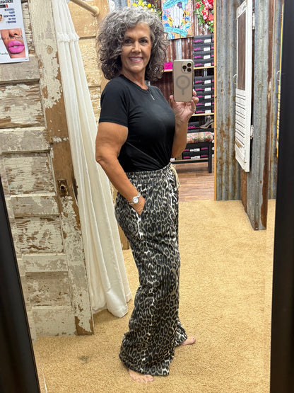 WAIST STRING LEOPARD PRINTED STRAIGHT LONG  PANTS