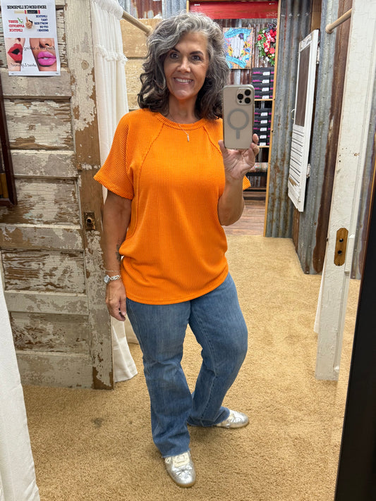 ORANGE SHORT SLEEVE SOLID URBAN RIBBED TOP