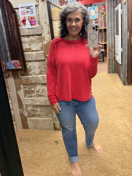 Red Urban Ribbed Long Sleeve Top