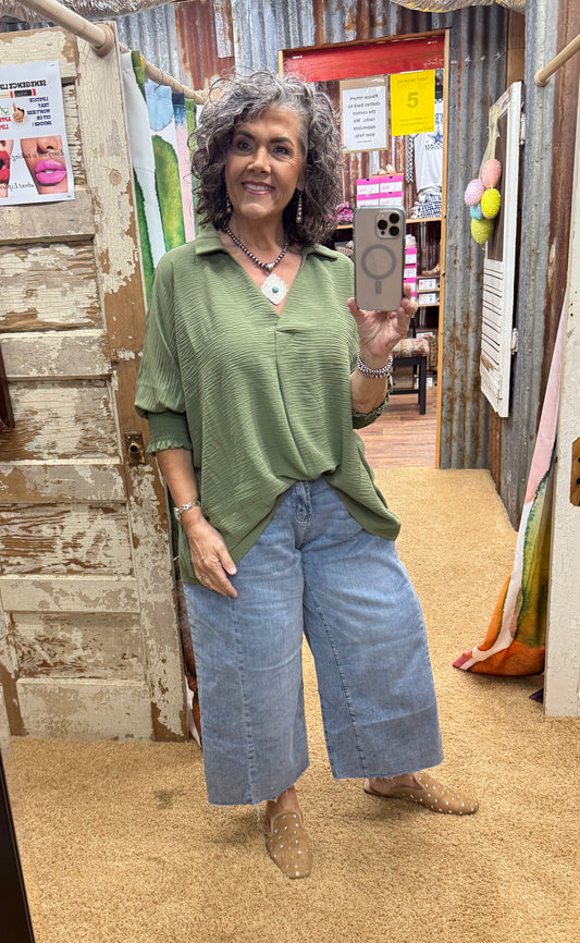 Olive Smocked Sleeve Top