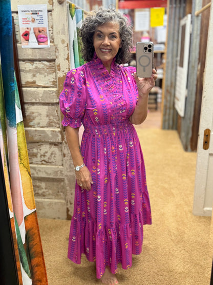 Vibrant Magenta Ruffle Smocked Midi Dress
