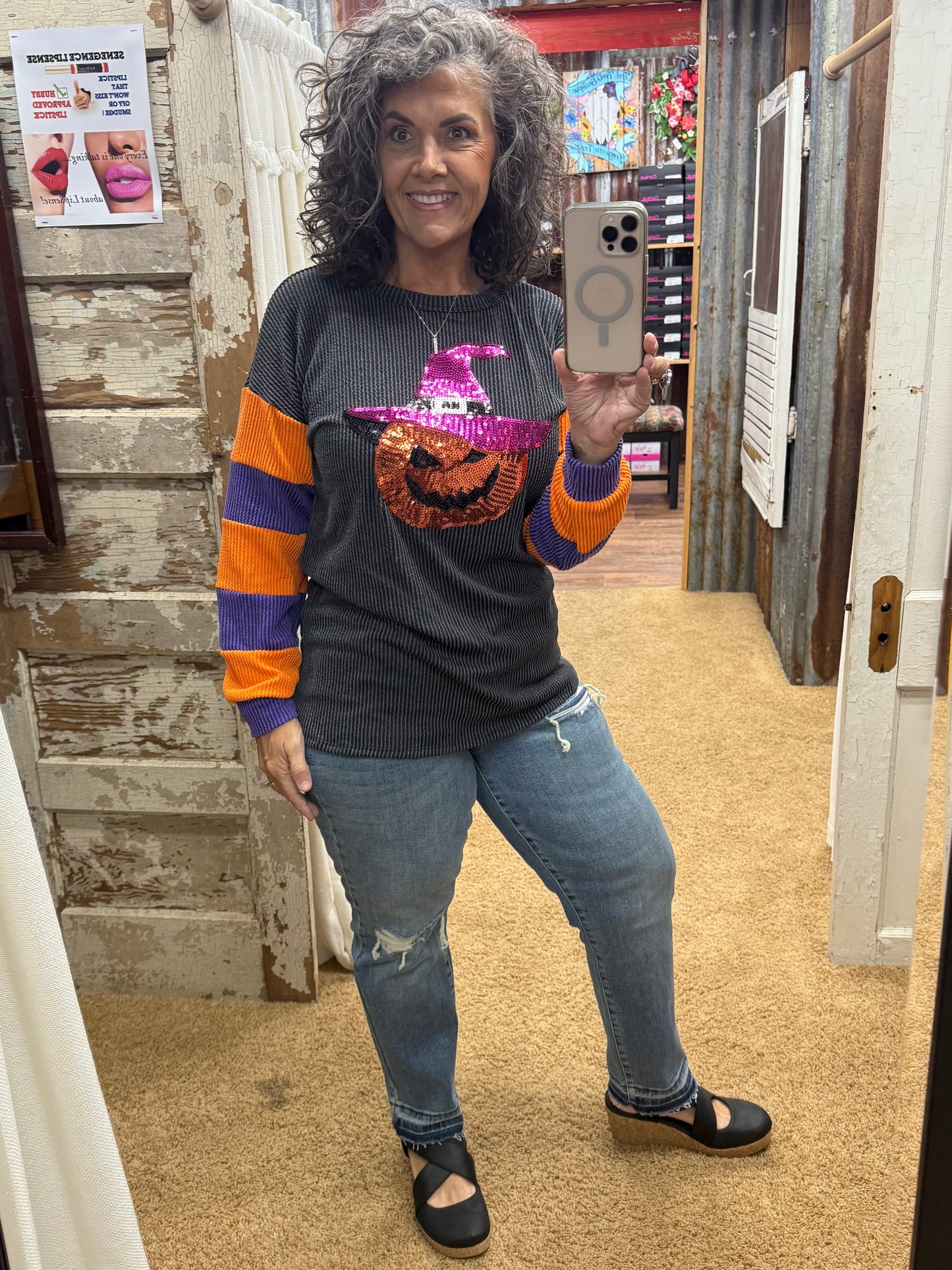 CHARCOAL URBAN RIB HALLOWEEN PUMKIN PATCH TOP