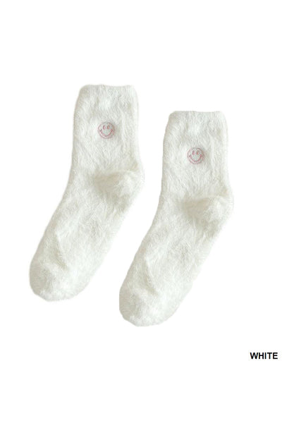 EMBROIDERED SMILEY WHITE FUZZY SOCKS