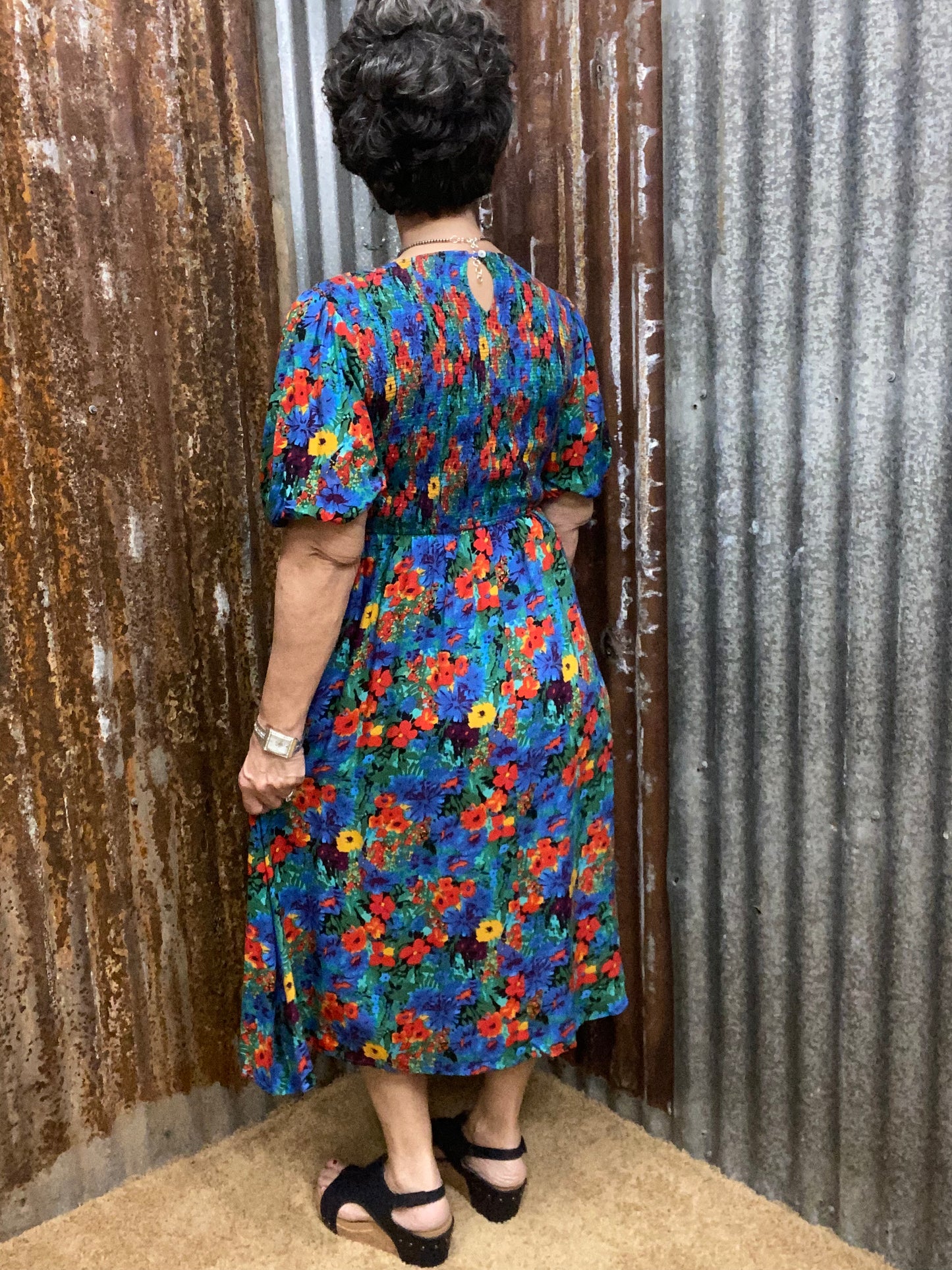 Blue, Green and Red Floral Print Dress