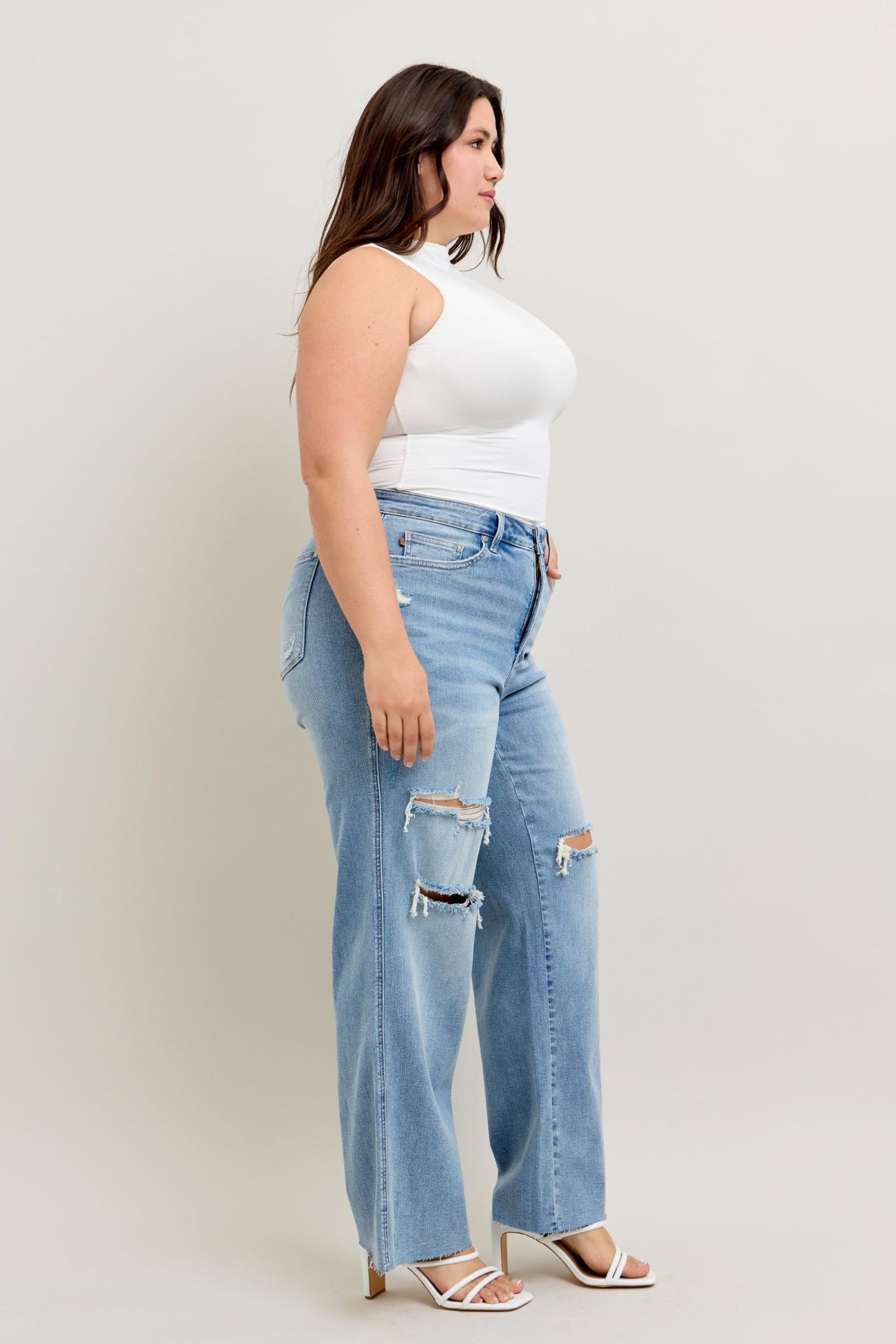 Judy Blue Mid Rise Tummy Control & Distressed Wide Leg Jeans 88933