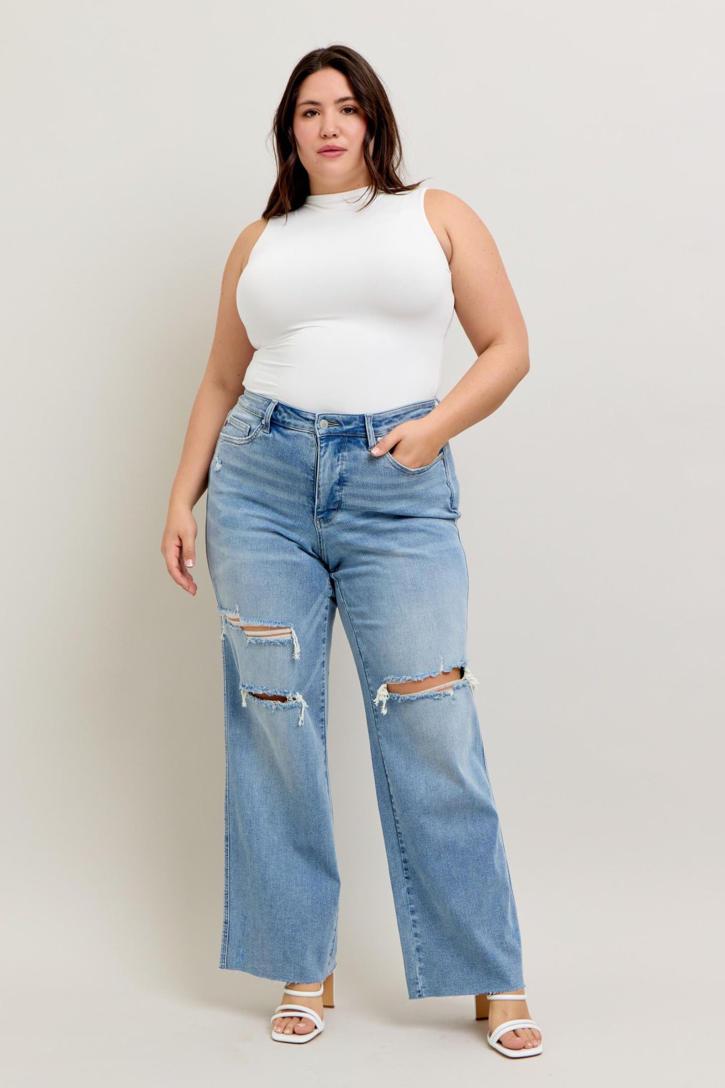 Judy Blue Mid Rise Tummy Control & Distressed Wide Leg Jeans 88933