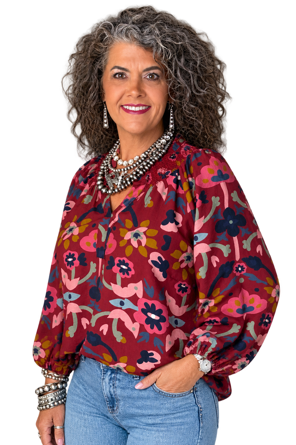 UMGEE Burgundy Floral Print Split Neck Blouse