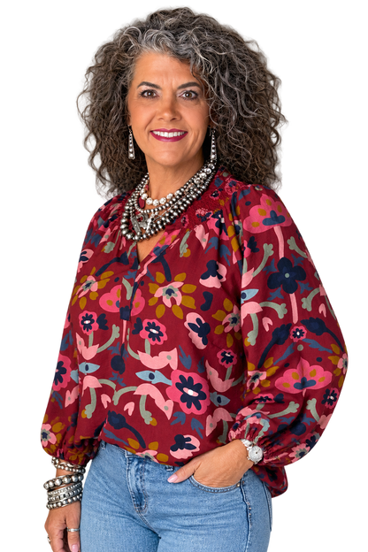 UMGEE Burgundy Floral Print Split Neck Blouse