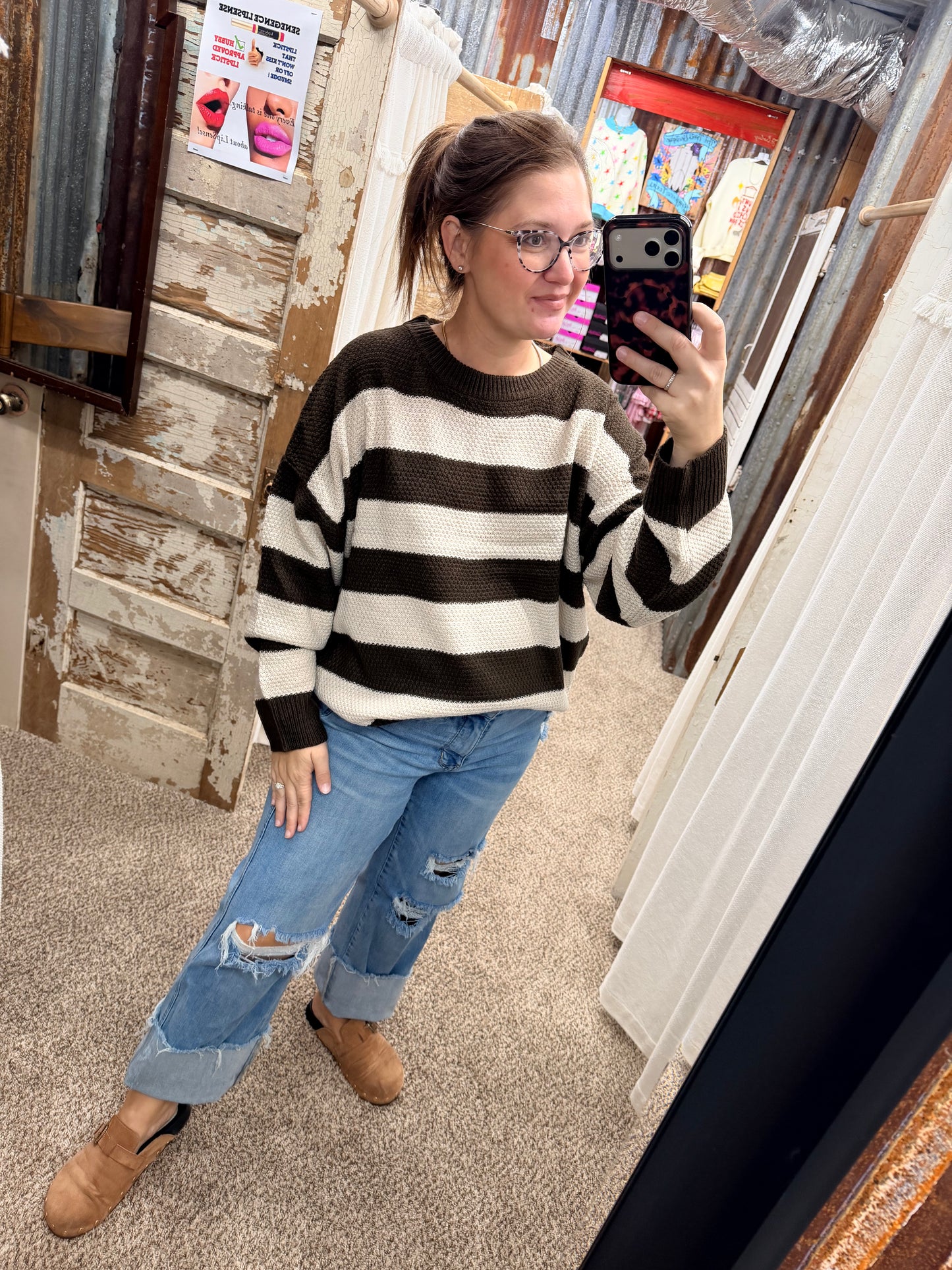 Door Buster Plus Size Espresso Wide Stripe Oversized Sweater