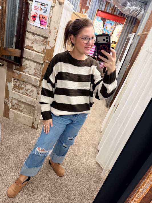 Door Buster Plus Size Espresso Wide Stripe Oversized Sweater